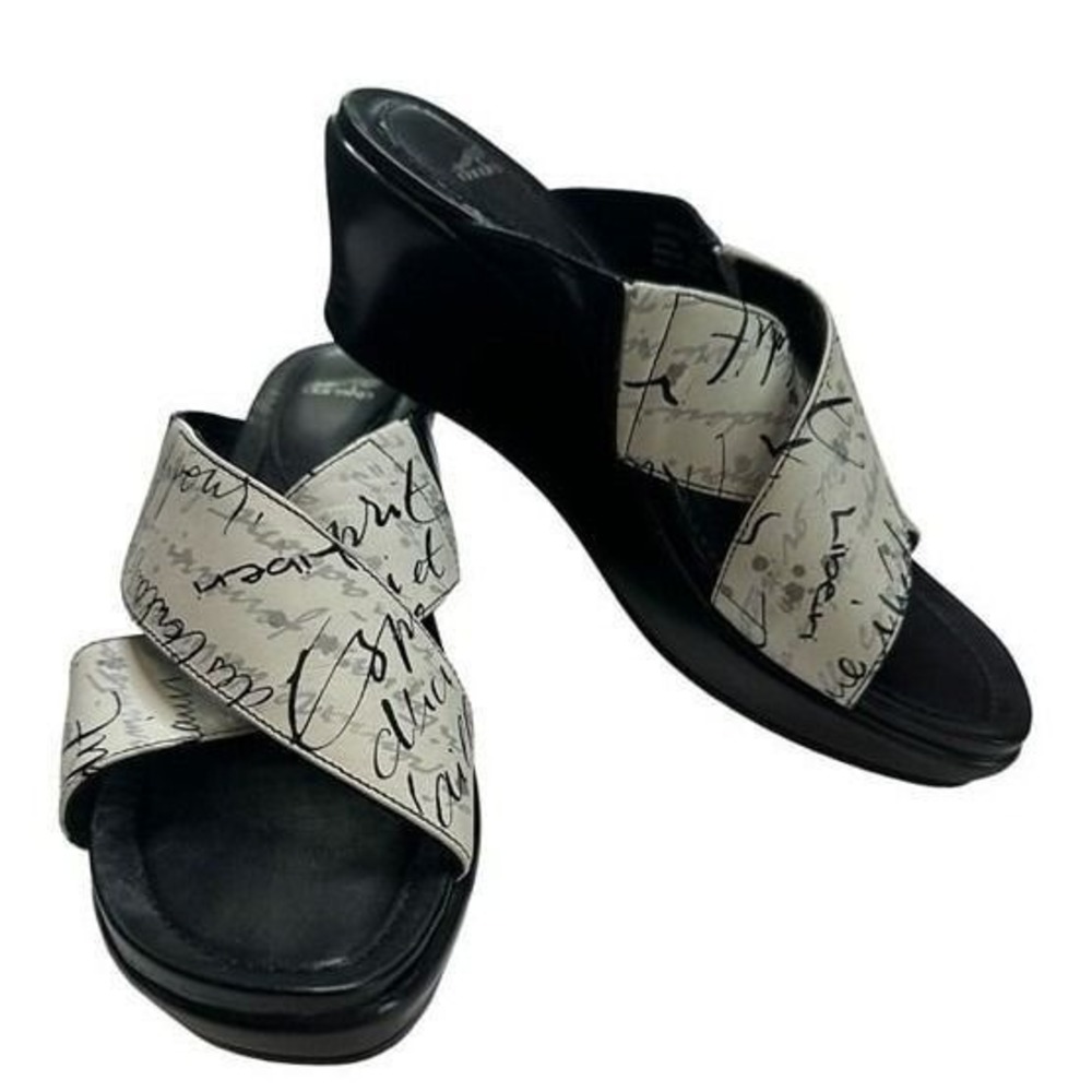 Dansko Women Script Print Wedge Sandals Black White Leather Cross Strap Slide 40